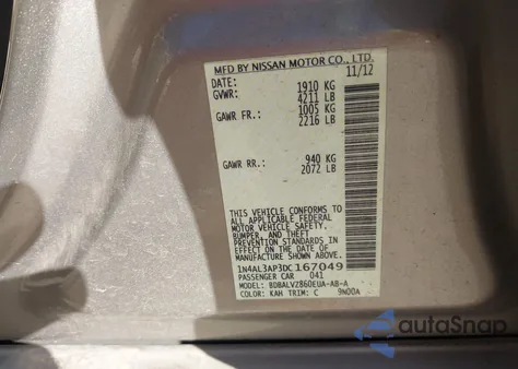 2013 Nissan Altima 2.5 Sl z USA, uszkodzony, nr VIN 1N4AL3AP3DC167049